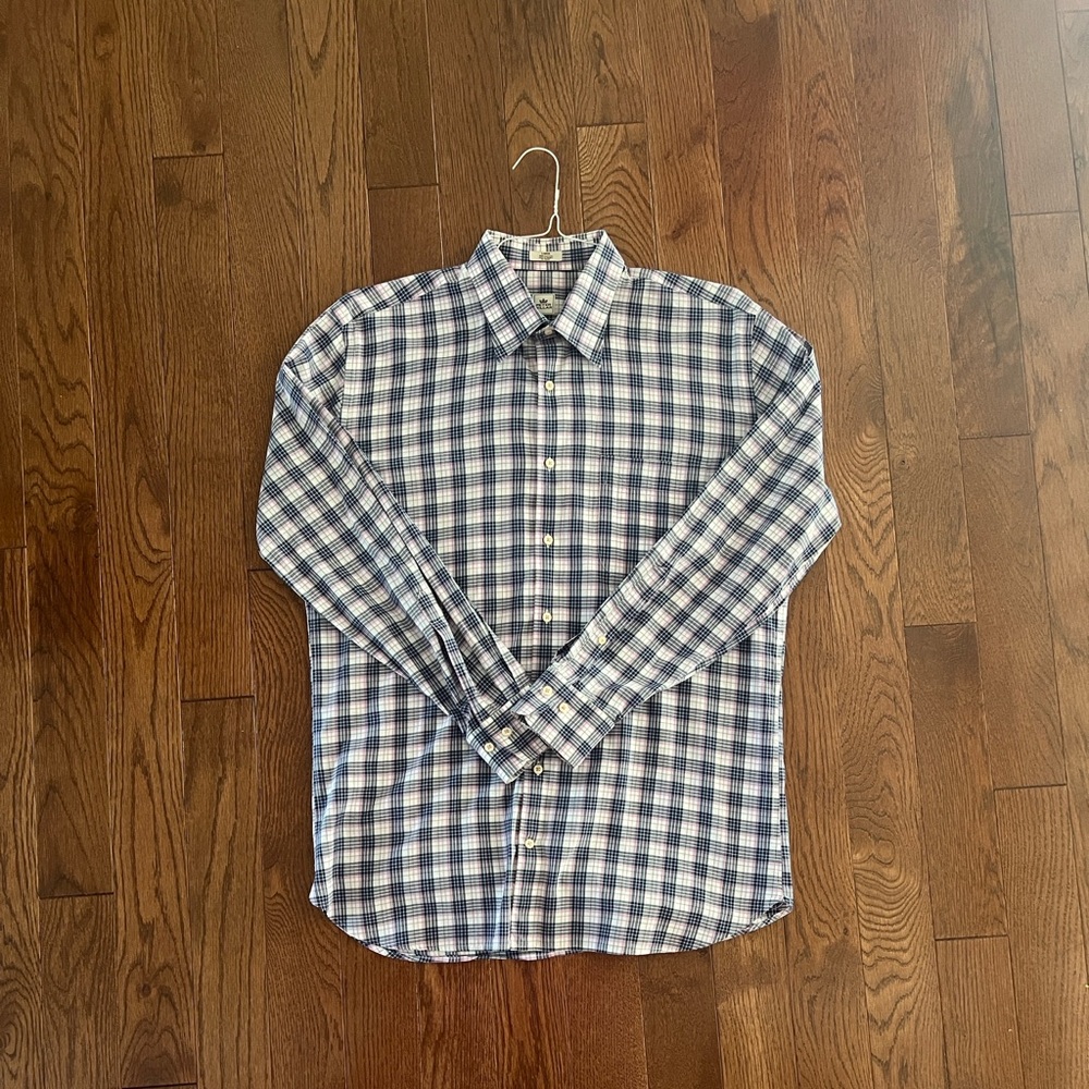 Peter Millar Pink & Navy Men's 100% Cotton Button Down Dress Shirt, size Large